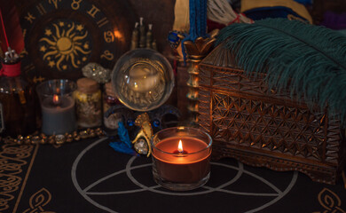 Magical scene, esoteric concept, fortune telling, tarot cards on a table	