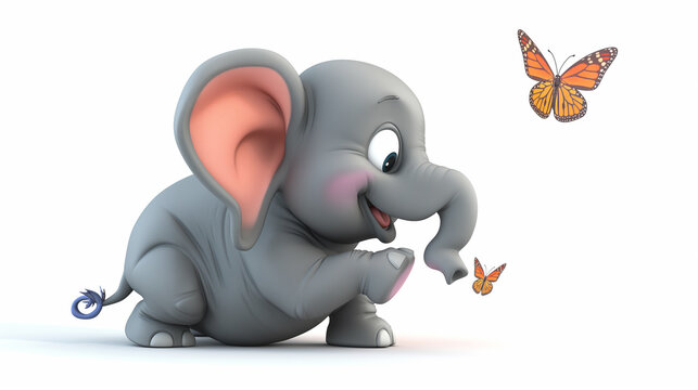 A cartoon elephant is reaching for a butterfly