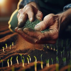 A close-up shot captures a farmer sowing seeds with precision and care, the promise of growth evident in the sprouting seedlings. Earth-stained fingers sprinkle life into the rich, dark soil. AI - obrazy, fototapety, plakaty