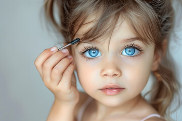 A beautiful little girl with blue eyes and high pony tail applying mascara on her eye lashes  full ultra hd, high resolution