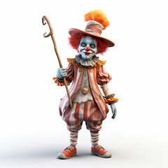 Clown in realistic 3D style on a white background. A man dressed as a jester with a red hat.