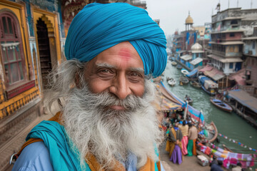 The turbaned guru. A man with a blue turban stands peacefully in front of a flowing river, embodying the serenity and wisdom of a spiritual master