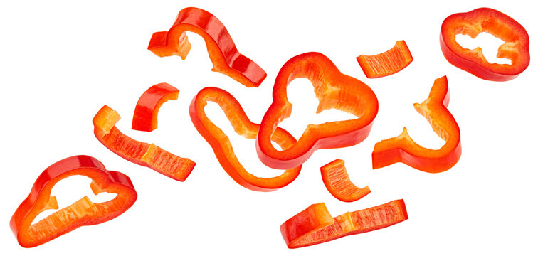 Sweet bell pepper slices, chopped paprika isolated on white background