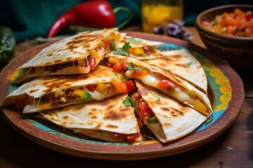 Juicy quesadilla on a rustic plate against a colorful tile background