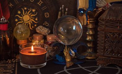Fototapeta na wymiar Magical scene, esoteric concept, fortune telling, tarot cards on a table 
