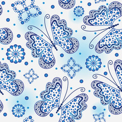Vector seamless hand drawn spotty pattern with blue gradient  butterflies on white