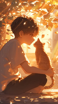 A digital painting of a young man and his cat, cuddling in the sun.AI Generated 