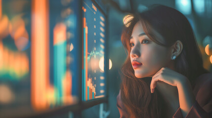asian beautiful lady Financial analyst deep in thought with charts and graphs surrounding, dramatic lighting, Magazine Photography Style 
