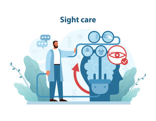 Comprehensive Eye Care Concept. A healthcare professional engages with interactive icons.