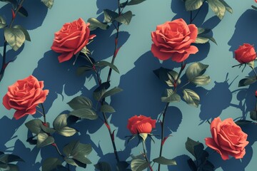 3D rendering of beautiful red roses on a vibrant blue background, perfect for floralthemed designs and decorations
