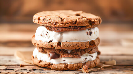 A stack of ice cream sandwiches with chocolate chips on top