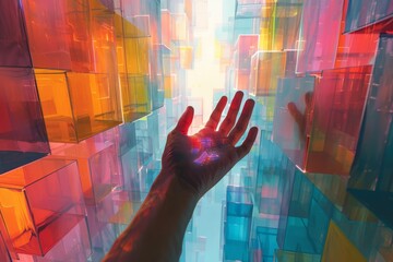 Abstract Exploration of Human Interaction with Glowing Object in Front of Colorful Cube Wall