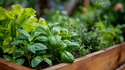 Naklejka premium Wooden raided beds in an urban garden. People harvesting fresh vegetables, herbs spices in city urban community garden near their home. Sustainable living lifestyle. Generative ai