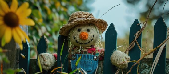 Mini scarecrow on gate for Autumn Scarecrow Festival in Needham Market, Suffolk, UK.