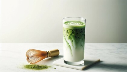 Layered Iced Matcha Latte with Bamboo Whisk on Marble
