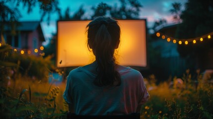 Outdoor movie night concept. Young woman sitting in front of a huge flat screen television in the backyard outside in the warm summer evening, watching a movie. Generative ai