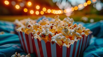 Big popcorns for Movie night at summer garden. Cozy outdoor cinema with soft summer lighting, pillows in backyard, large fabric as screen for romantic date. Generative ai