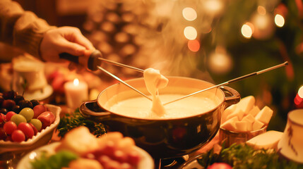 A person is cooking a dish in a pot with a ladle, fondue