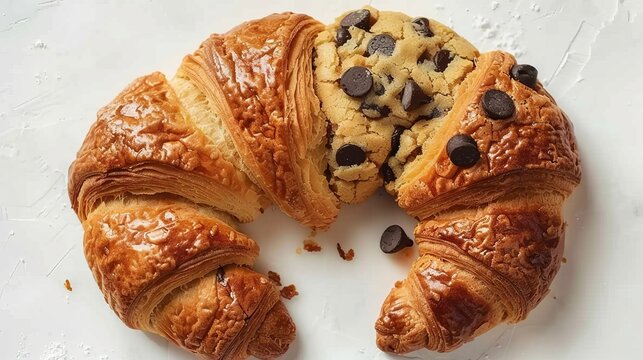 The Crookie  &ndash; the half croissant and half cookie hybrid, cookie croissants, buttery croissants stuffed with chocolate chip cookie dough. Generative ai