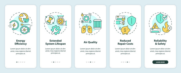 Benefits of HVAC maintenance onboarding mobile app screen. Walkthrough 5 steps editable graphic instructions with linear concepts. UI, UX, GUI template. Myriad Pro-Bold, Regular fonts used