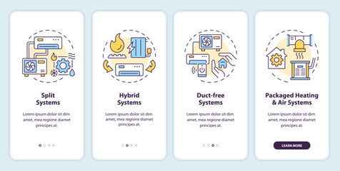 Types of HVAC systems onboarding mobile app screen. Walkthrough 4 steps editable graphic instructions with linear concepts. UI, UX, GUI template. Myriad Pro-Bold, Regular fonts used - obrazy, fototapety, plakaty