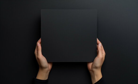 Hands are holding a black sheet of paper with a black background.