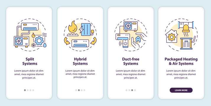 Types of HVAC systems onboarding mobile app screen. Walkthrough 4 steps editable graphic instructions with linear concepts. UI, UX, GUI template. Myriad Pro-Bold, Regular fonts used