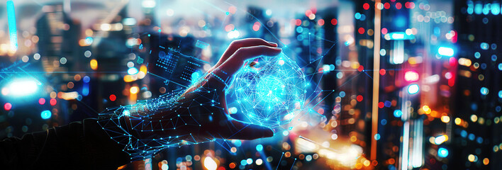 A hand is holding a spherical network graphic, representing future technology where people can control the virtual world through holographic graphics with blur virtual city background.