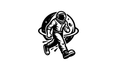 astronaut walking mascot character logo icon,Man running black and white logo icon