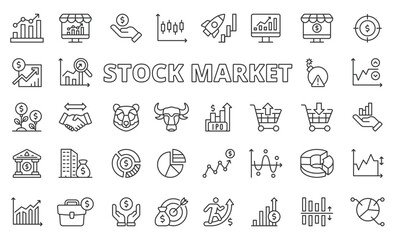 Fototapeta na wymiar Stock market icons in line design. Business, stock exchange, analysis, investment, bull, bear, candlestick, financial isolated on white background vector. Stock market editable stroke icons.