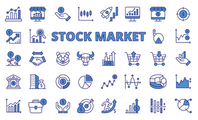 Stock market icons in line design, blue. Business, stock exchange, analysis, investment, bull, bear, candlestick, financial isolated on white background vector. Stock market editable stroke icons.