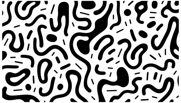 楽しい黒と白の線は落書きのシームレスなパターンです。子供向けの創造的な抽象的な波線スタイルの描画背景、または基本的な形状のトレンディなデザイン。シンプルな子供っぽい落書きの壁紙プリント。