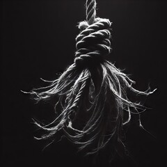 A close-up of a frayed rope against a dark background, the strands are starkly detailed. The image conveys a sense of tension, fragility, and the concept of breaking point. AI generation - obrazy, fototapety, plakaty