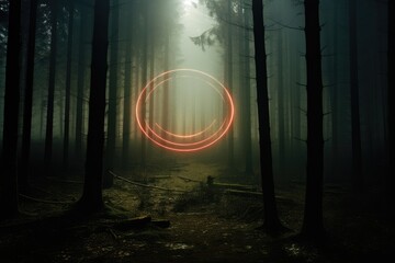 Foggy Forest: Rings surrounded by mist in a forest, with distant lights creating a mysterious ambiance.