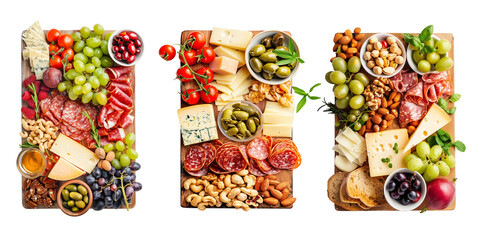 Top view of 3 gourmet fancy charcuterie boards isolated on transparent background, assortment of yummy food with cheese bites, salami cuts, nuts and fruits, antipasti and tapas snack party, png file