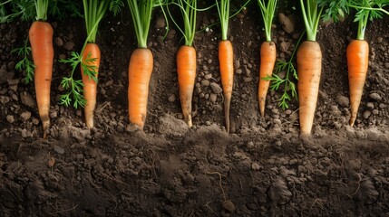 An illustrative cross-section view of fertile farmland showcasing regenerative agriculture practices with vibrant, healthy soil layers and robust carrots thriving underground. - obrazy, fototapety, plakaty