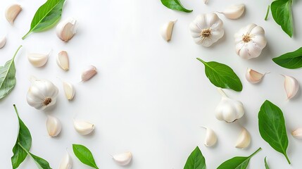 garlic with leaves isolated on white background. Top view. Flat lay. Generative Ai