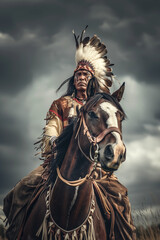 Native american warrior portrait, indian chief on his horse, dark clouds background