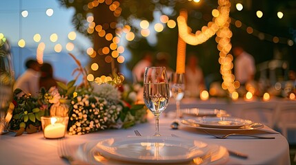 a wedding table setting adorned with plates and cutlery against the backdrop of an outdoor garden scene, with soft-focus guests enjoying the evening under lanterns and string lights. - obrazy, fototapety, plakaty
