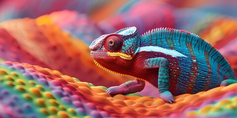 Chameleon Blending Into Vibrant Rainbow Backdrop Adaptive Beauty and Changing Environments - obrazy, fototapety, plakaty