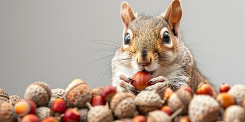 Diligent Squirrel Hoarding Acorns for the Upcoming Winter Season Close up of Furry Creature Preparing its Food Supply