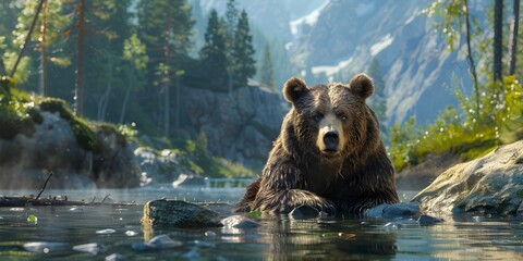 Majestic Bear Fishing in Mountain Stream Amid Stunning Wilderness Scenery