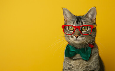 Feline Fashion: Cat Styling in Red Glasses and Green Bowtie