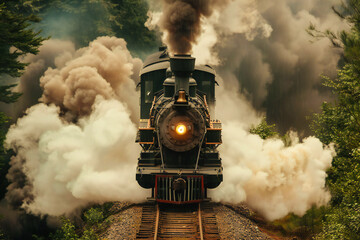 An antique steam-powered railroad train rushes down the tracks in smoke aerial