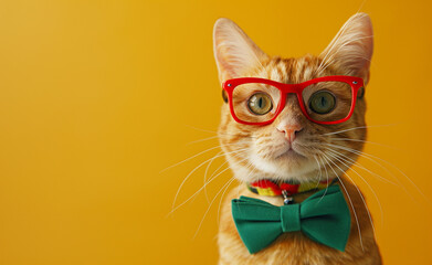 Feline Fashion: Cat Styling in Red Glasses and Green Bowtie