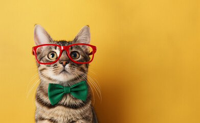 Feline Fashion: Cat Styling in Red Glasses and Green Bowtie