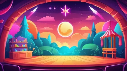 A stage set with a moon in the sky and a forest in the background