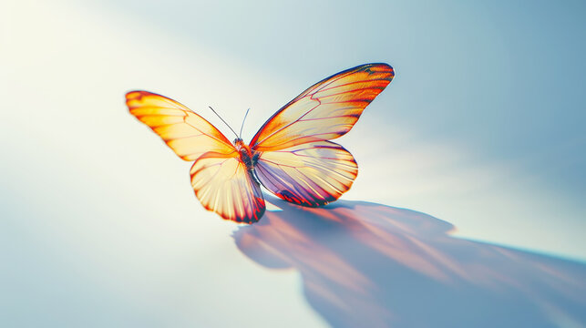 Fragile pastel coloured butterfly on a light background with shadows. Aesthetic nature concept. Generative AI