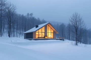 Cozy cabin nestled in snowy forest with scenic mountain views, perfect retreat for winter getaway