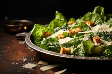 Juicy caesar salad on a metal tray against a rustic textured paper background - obrazy, fototapety, plakaty